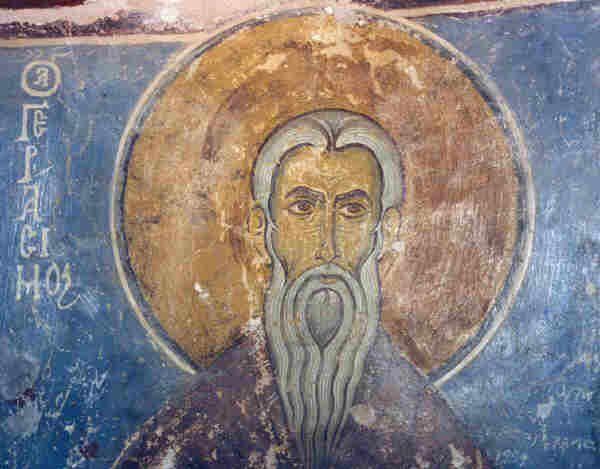 Св. Герасим Йордански. Фреска от 1197 г. в манастира Неофит в Кипър. Източник: pravicon.com.