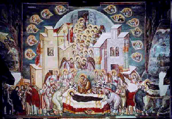 Astrapas and Eutychios Dormition of the Virgin Успение Богородично. Стенопис от 13 в. от Астрапа и Евтихий от църквата "Св. Климент" в Охрид. Dormition of the Virgin, fresque by Astrapas and Eutychios, church of St. Clement in Ochrid.